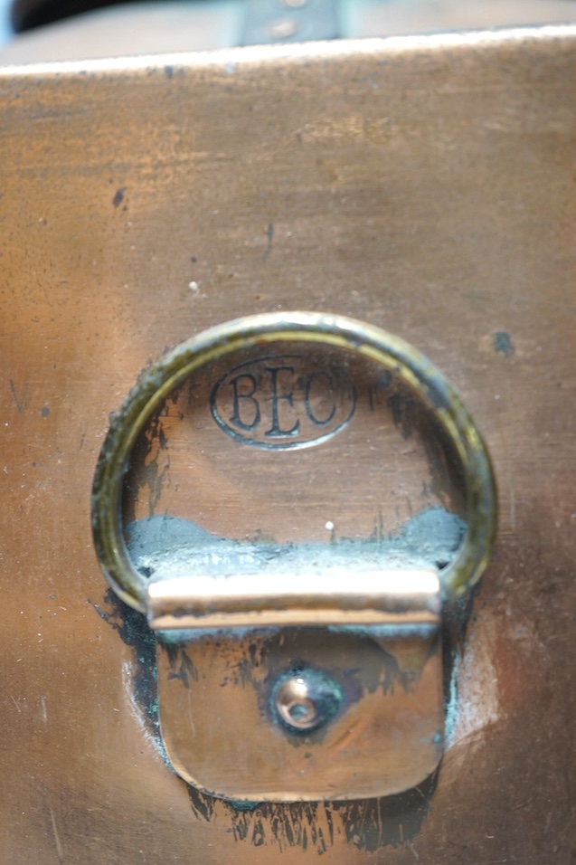Two copper ship's bulkhead lamps, tallest 39cm. Condition - fair to good, some dents, wear etc.